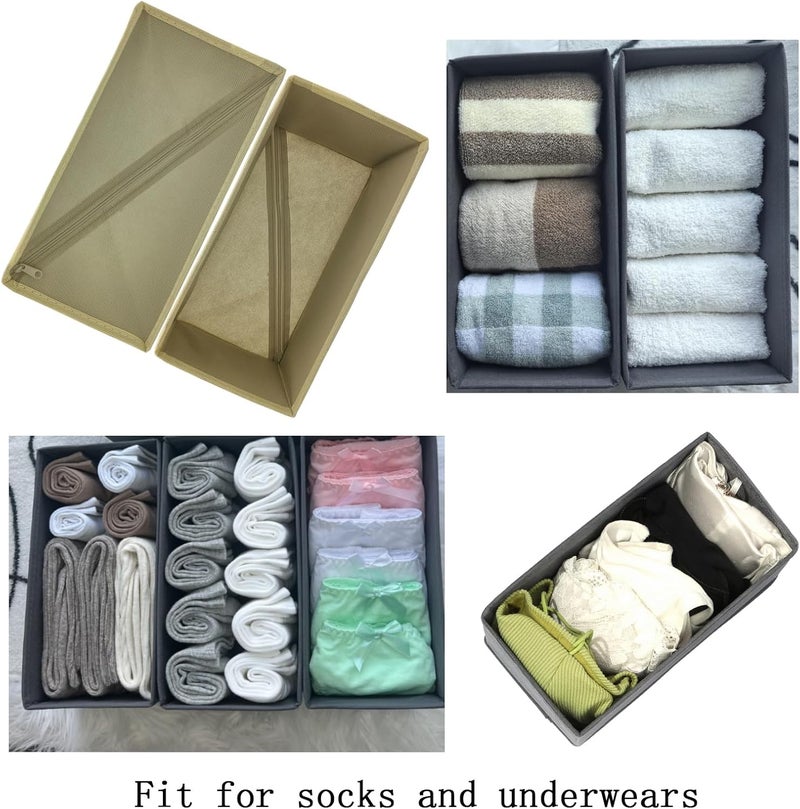 Bructhun Sock Drawer Organizer 3 Pack - Collapsible Fabric Storage Bins for Underwear Divider, Small Closet Organizers with 3 Compartments, Khaki - Image 4